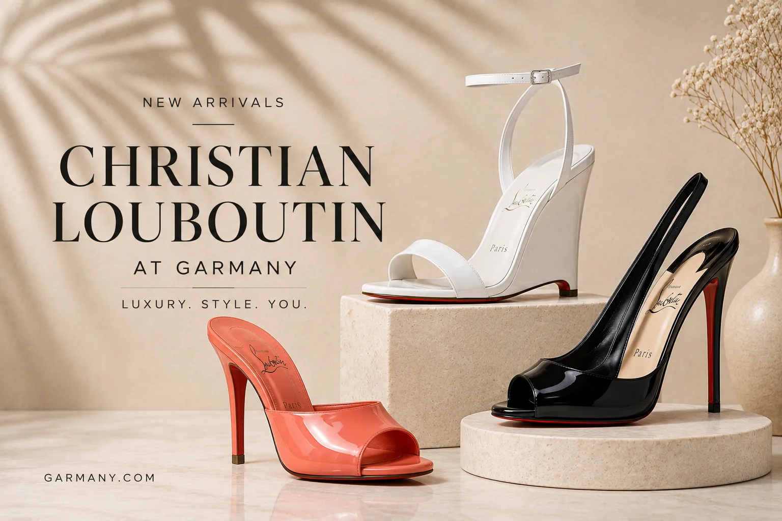 Christian Louboutin women’s shoes featuring coral Miss Z mule, white Zeezeenella wedge sandal, and black Sofia Z slingback pump at Garmany